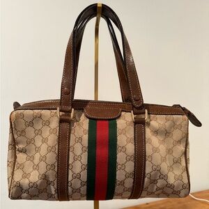 Gucci Beige and Brown Shoulder Bag with Green and Red Stripe